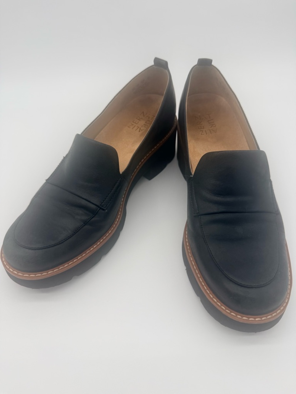 Naturalizer Black Leather Lug Sole Loafers with Brown Welt